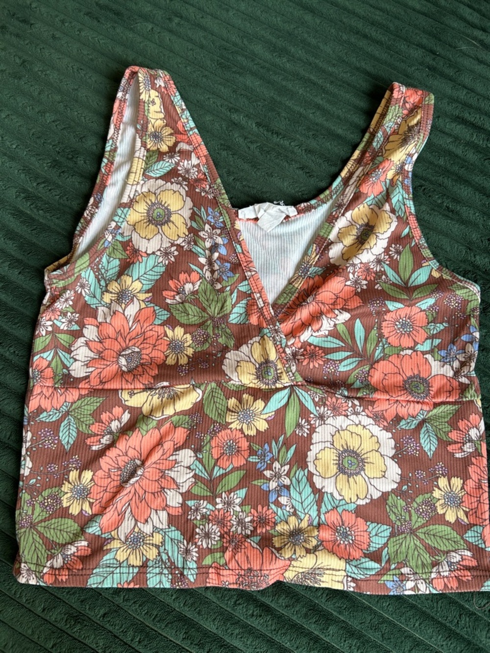 Caution To The Wind Brown Floral Ribbed V-Neck Tank